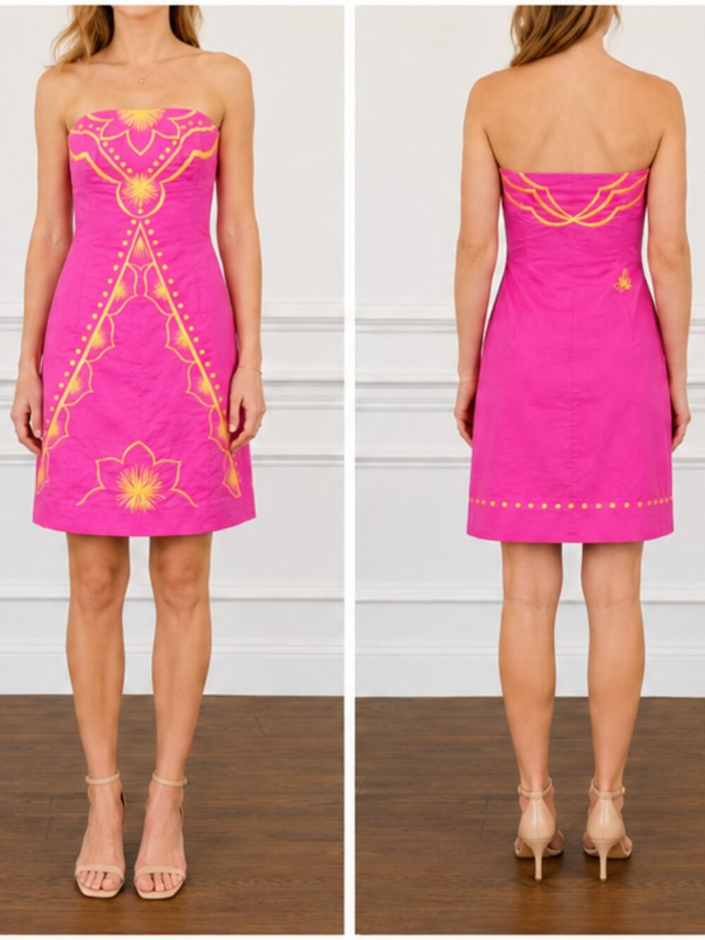 Lilly Pulitzer Bowen Strapless Dress Pink Yellow Embroidered Cotton Size 0
